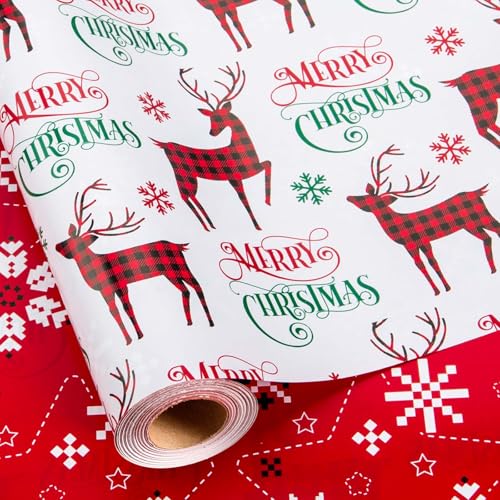 MAYPLUSS Christmas Wrapping Paper, Vintage Reindeer Gift Wrap w/Gingham