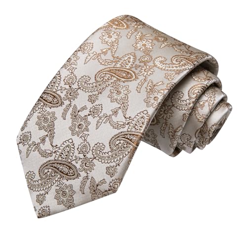 Image of Hi-Tie Silk Champagne Paisley Ties for Men Floral Jacquard Necktie and Pocket Square Lapel Pin Silver Tie Clip Cufflinks Set Wedding Business 6PCS
