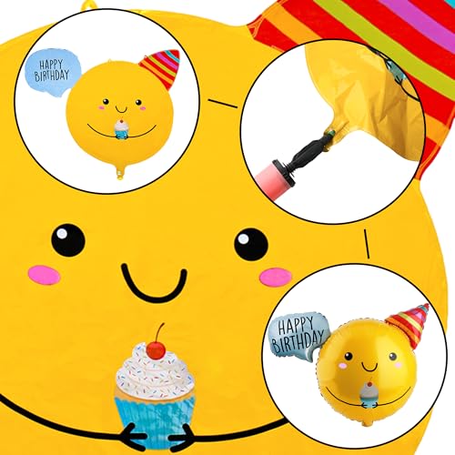 Image of Happy Birthday Balloon, Birthday Decorations for Kids, 30 Inch Foil Balloon Party Supplies with Ribbon, Photo Backdrop, Yellow Smiley Face Design, 1 Pack