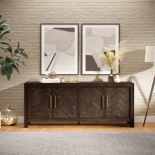 Image of Jofran Acacia Wood Accent Cabinet with 4 Doors and Adjustable Shelves, Mid-Century Modern Storage Cabinet for Living Room, Brushed Brown