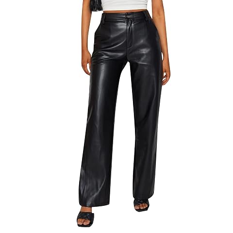 Faux Leather Pants for Women Solid Color High Waist Straight Leg Trousers Vintage 90s Streetwear Pant with Pockets
