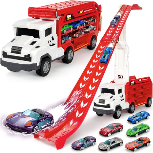 Image of BainGesk Truck Car Toys for 3, 4, 5, 6 Years Old Boys Girls, 25 in Race Track Truck Toys, Foldable 2 Layer Carrier Transport Car with 6 Metal Cars, Birthday Toys Gifts for Toddler