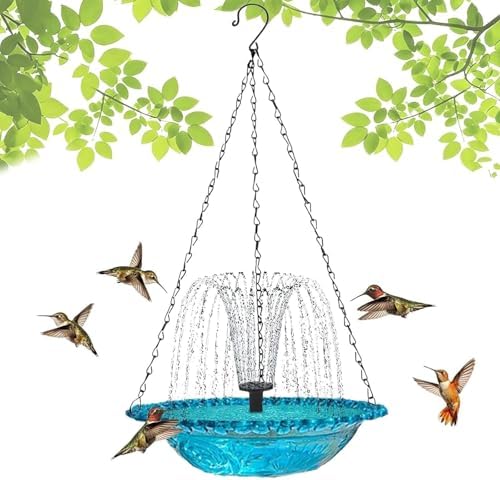 Solar Cascade Hanging Bird Bath Fountain - Outdoor Hanging Bird Bath with Solar Pump & Glass Bowl, Attracting Wild Birds & Hummingbirds for Garden Patio Lawn (Blue)