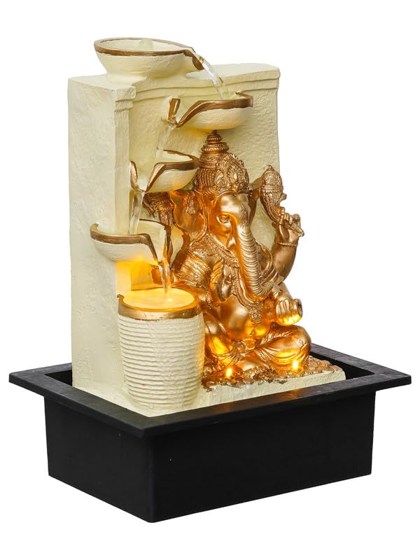 Image of Polyresin White Golden Ganesha Idol Tabletop Indoor 4 Diya Steps Water Fountain for Home Decor with Yellow LED Light & Speed Controller Pump (Size: 39 x 29.5 x 22CM | Weight: 2195grm)