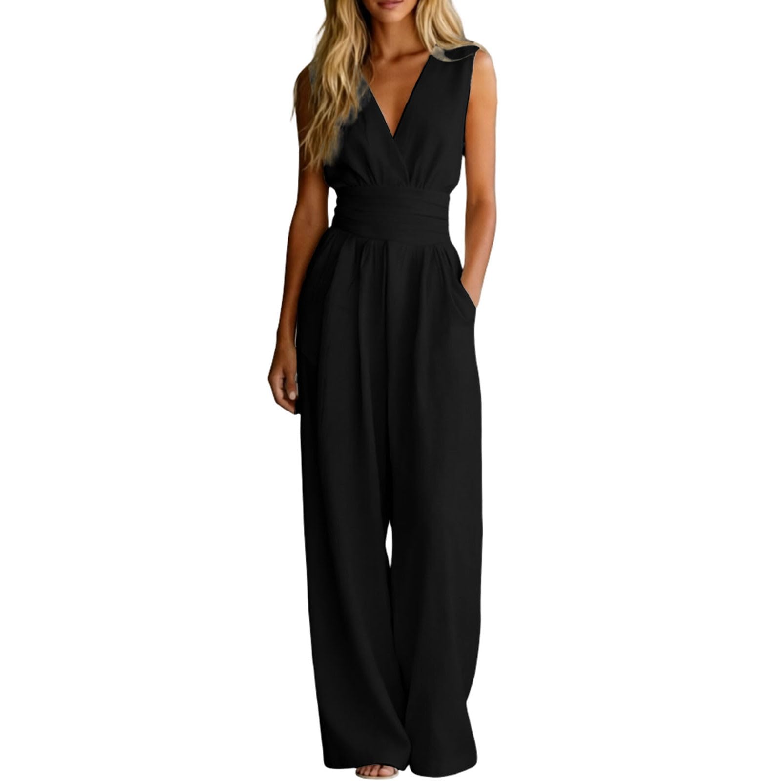 Générique Combinaison Femme Élégante Col V sans Manches Jambes Larges avec Poches Chic Ete Couleur Unie Ensemble Fluide Décontracté Pantalon Loose Casual Combishort Pour Travail Bureau Soirée Mariage