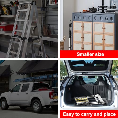 Teleskopleiter 2,9m, Aluminium Leiter Ausziehbar mit Hakenaus, Verstellbare Stufen, für Dachböden, zur Dachrinnenreinigung, Fensterreinigung, Lagerorganisation usw.
