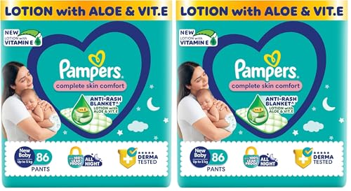 Image of Pampers Complete Skin Comfort Pants, Anti-Rash Blanket, Lotion with Vitamin E & Aloe Vera, New Born, Extra Small Size Baby Diapers (NB,XS) 86 Count, Upto 5kg (Pack of 2)