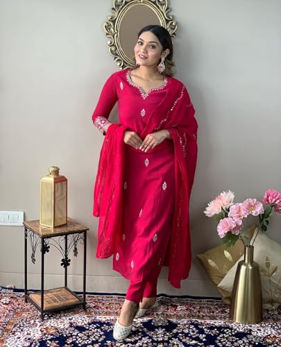 Image of Yashika Women Pink Embroidered Chanderi Fabric Straight Kurta, Pant and Dupatta Set