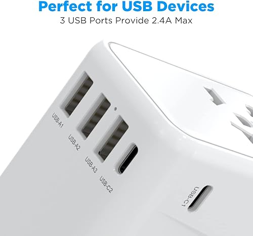 Miniatura 2 de Rivnn Adaptador de viaje universal de 45 W PD cargador rápido 2 USB-C, 3 USB-A, cargador de pared internacional adaptador de enchufe de CA todo en
