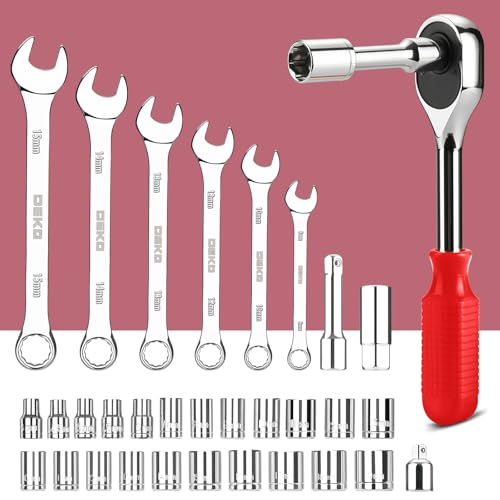 DEKOPRO Tool Set:228 Piece Home Tool Kit, Household Basic Repair Tool Set Comes with Plastic Storage Case, Socket Wrench Set for Car-Red