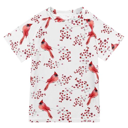 Aflyko Christmas Boys' Swim Shirt Red Bird Berry Watercolor Rash Guard Beachwear Sun Protection Fishing Hiking Camping Surfing Swimming Toddler Infant Summer Daily T-Shirt, 4T