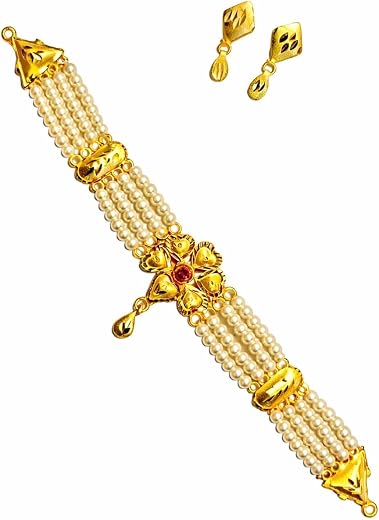 Gold Plated Pearl Necklace Set with Matching Earrings for Women | Traditional Floral Design Jewelry Set | Wedding, Party &amp;...