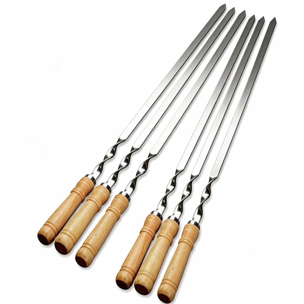 6 spiedini lunghi in acciaio inox con manico in legno (60 cm di lunghezza, 6 pezzi con manico in legno)