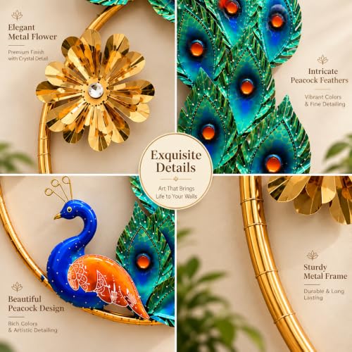 Image of SHREE 'O' GREEN TECH - Premium Handcrafted Round Peacock Metal Wall Hanging Showpiece Set of 2, Artistic Blue Green Bird Design with Gold Finish, Home Decor for Living Room, Hall & Bedroom