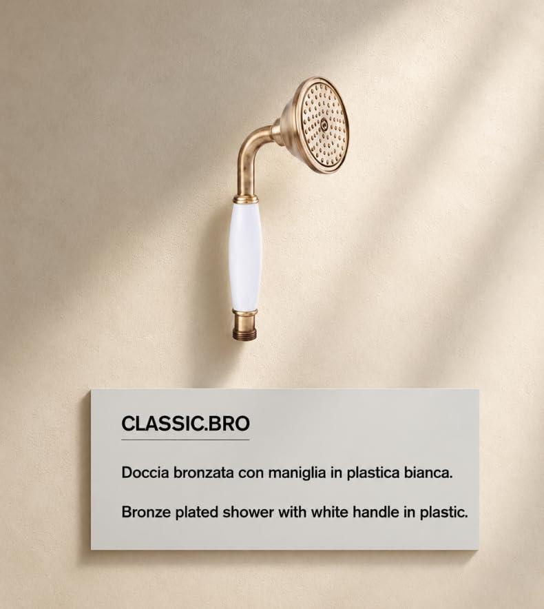 CLASSIC.BRO Soffione Doccia Placcato Bronzo con Manico in Plastica Bianca, Stile Classico