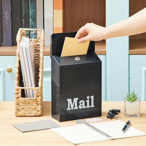 Image of MorningRo 10 x 7 x 3 Inch Small Dark Gray Wall Mount Mailbox with Lock Key for Outside Apartment Porch Rust Proof Security Key Drop Box for Letters Newspapers Cards