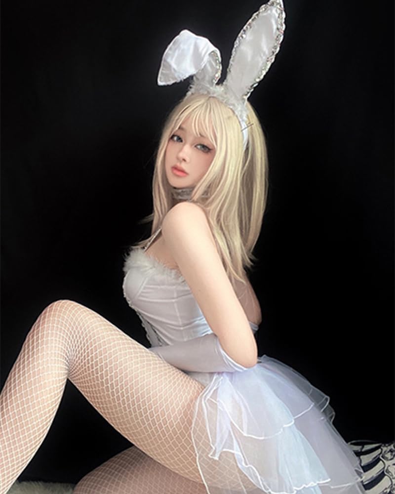 Mobbunny Christmas Bride Bunny Cosplay Bodysuit with Gloves Headband and Choker Bunny Costume: Small White