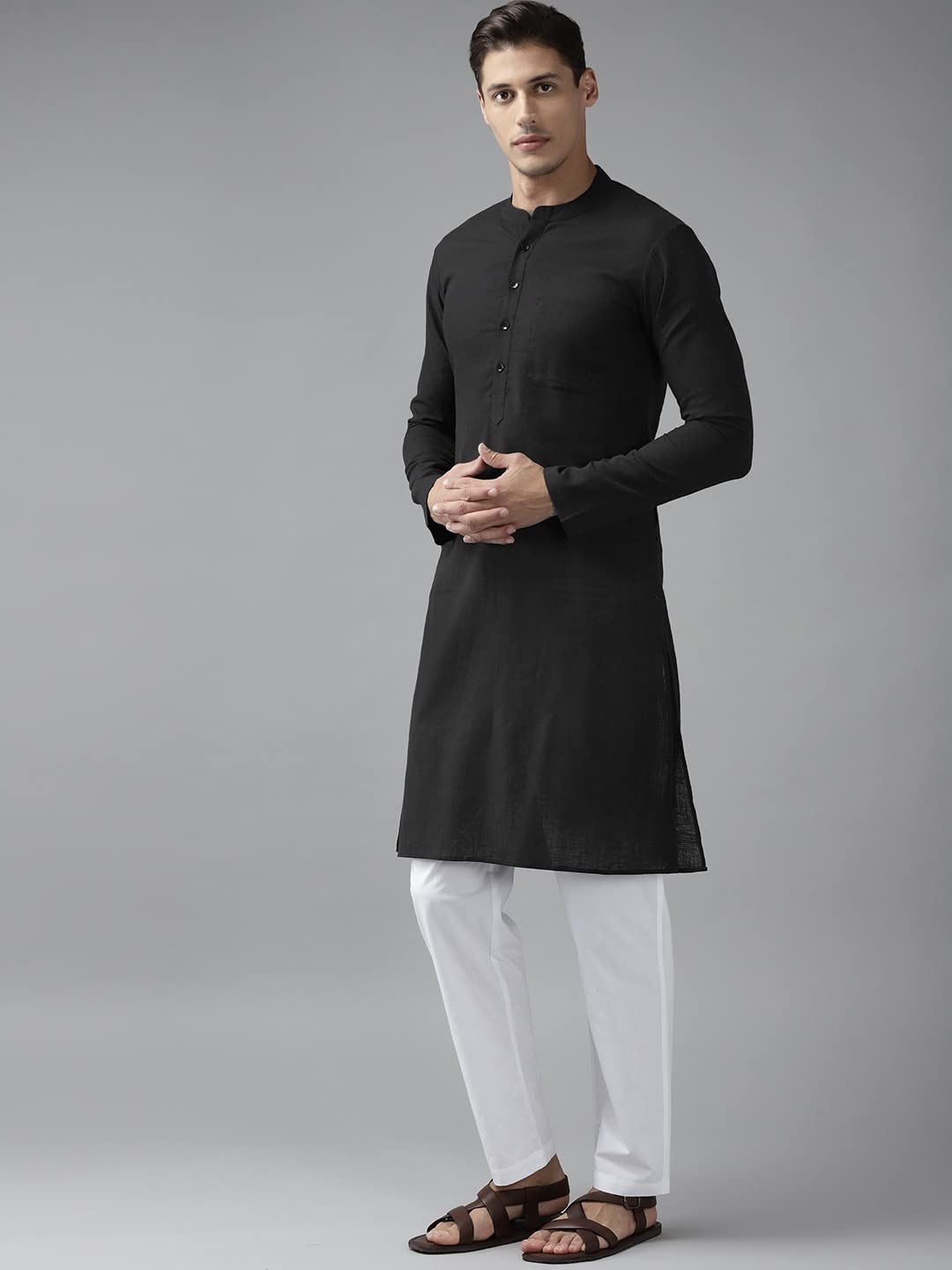 See Designs Black Cotton Regular Fit Kurta Madern Collar Stright Hem Side Full Sleeve Straght Kurta_Sdkt1012Xs