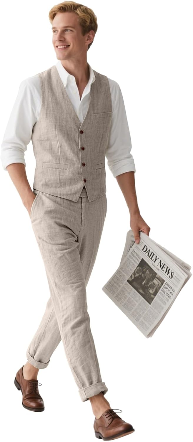 WOMS Mens Linen Suit 2 Piece Casual Summer Suits for Men Groomsmen Beach Wedding Party Vest Pants Suit - Image 2