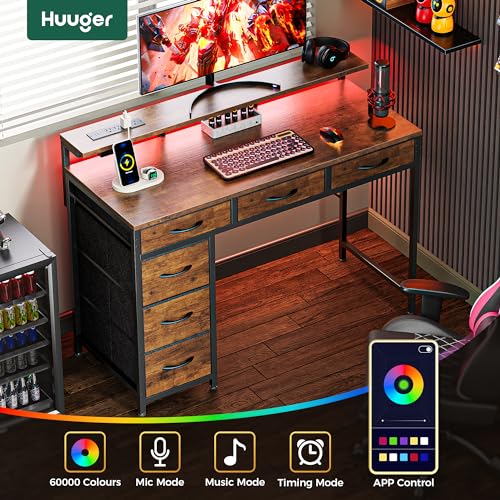Huuger Gaming Desk with 6 Drawers, Computer Desk with LED Lights Power Outlets and Type-C, 39 Inch Office Desk with Storage, Monitor Stand, Writing Desk Work Desk Home Office, Study, Rustic Brown
