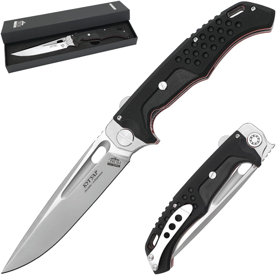 HOKC Cougar | 332-106406 | Large and Rugged Knife, Pocket Knife, EDC Knife by Official Dealer - Designed by Russian Master Aleksander Biryukov - Liner Lock, G10 Handle, Innovative Opening Mechanism, Ceramic Double Row Ball Bearing Opening System, Ambidextrous Thumb Stud, Comfortable Pocket Clip, Long and Durable D2 Stainless Tool Steel, Satin Finished - Ideal for Camping & Hunting