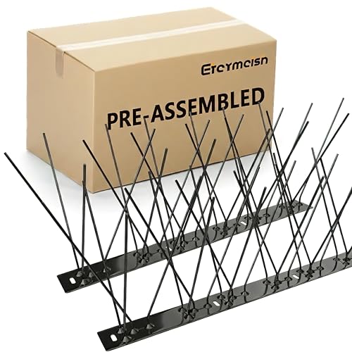 etermeish Stainless Steel Bird Spikes for Pigeons,Pre-Assembled,Anti Bird Deterrent Spikes for Woodpeckers, Squirrels, Raccoons，Weatherproof Fence Spikes for Roof, Railing,Patio, Black, 9.84 Feet