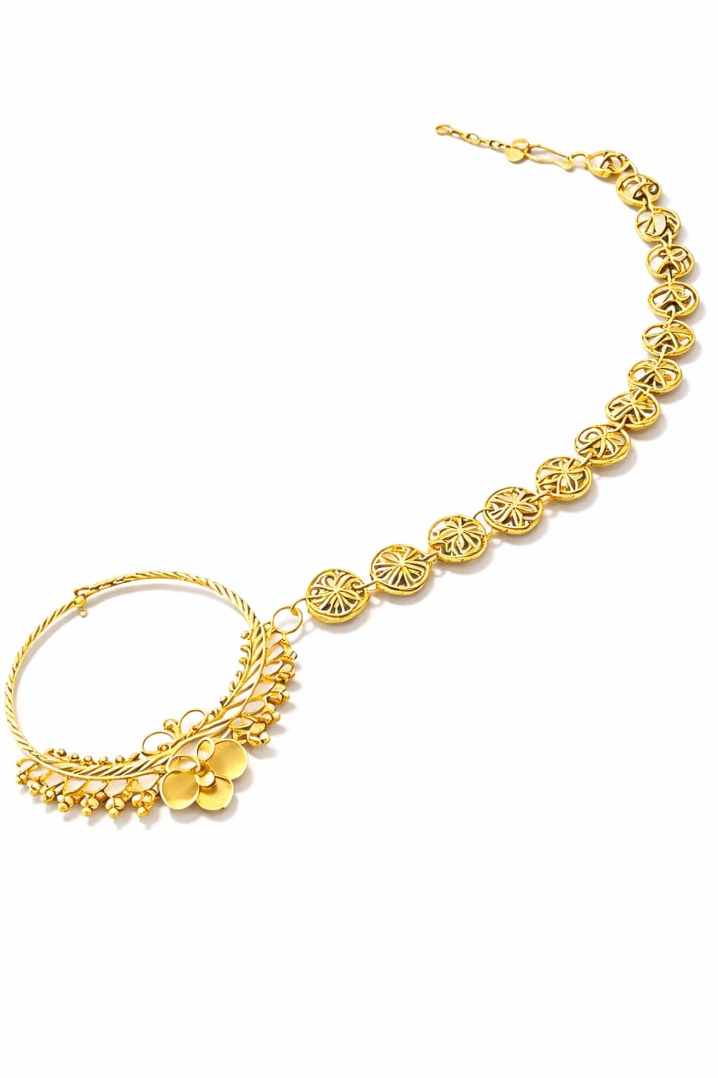 Gold-Toned Bridal Nathiya with Floral Design and Filigree Chain, Traditional Indian Nose Ring-image-26