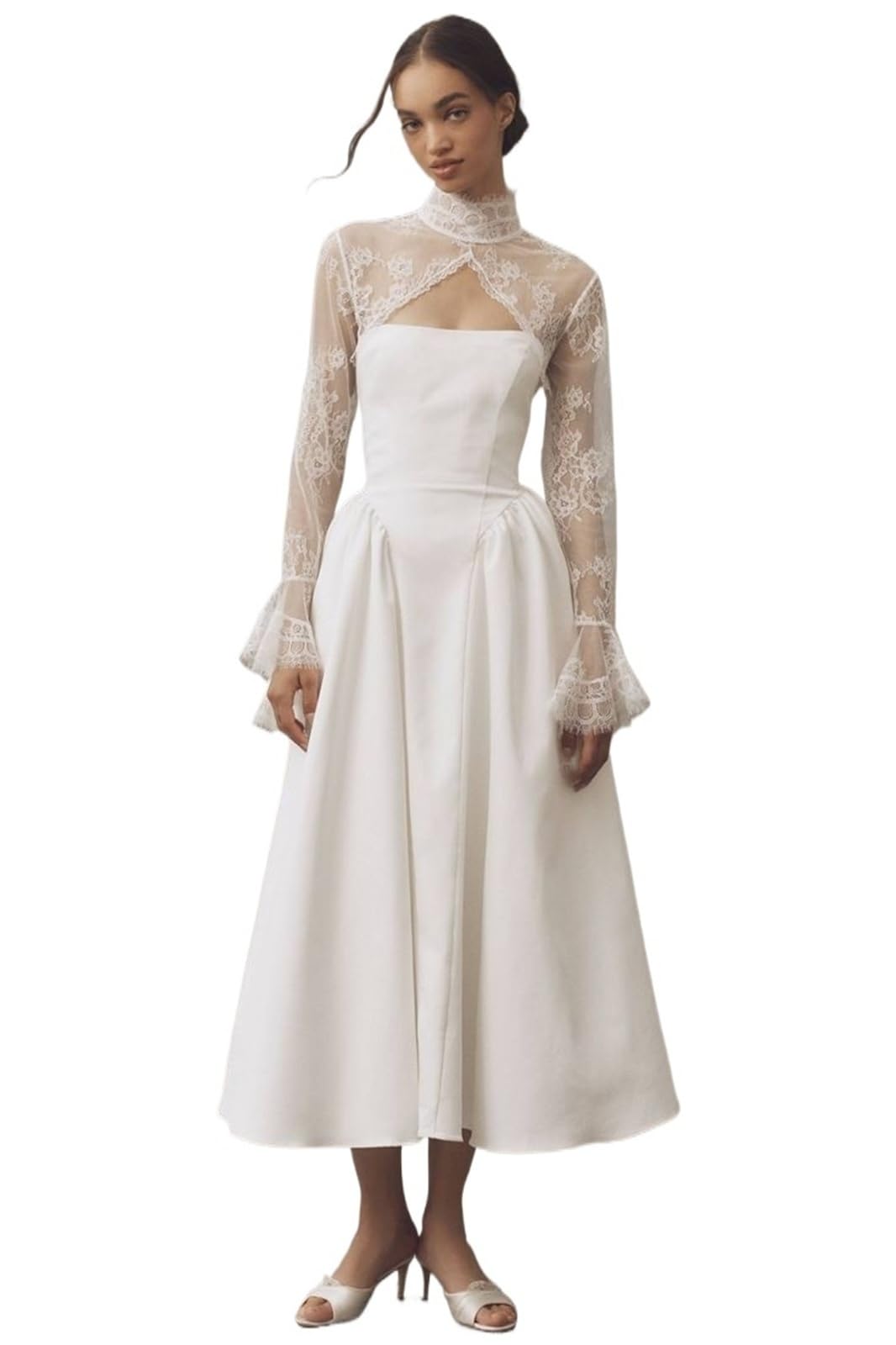 Estolas para Bodas Capas de boda encaje trompeta, chaqueta novia con cuello alto, espalda abertura en la cerradura y botones, Boleros nupciales ilusión