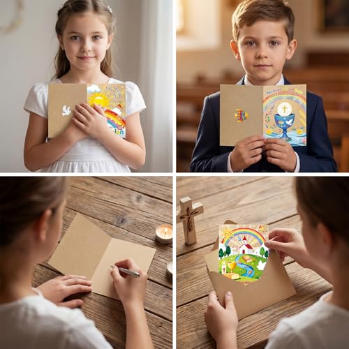 12 Erstkommunion Karten Set mit Umschlägen & Aufklebern, Kraftpapier Grußkarten für Junge & Mädchen, Klappkarten mit religiösen Motiven zur Kommunion