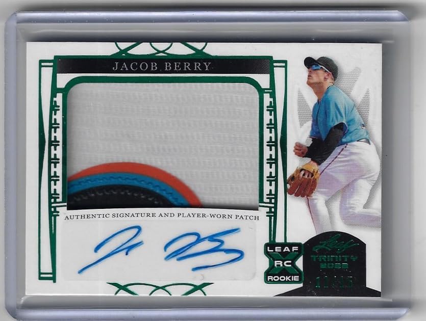 Jacob Berry Autographed & Serial Numbered #11/15 Green Parallel Leaf Trinity X Rookie Card Collectible Baseball Card - 2022 Leaf Trinity Baseball Card #PA-JB1 (Marlins)