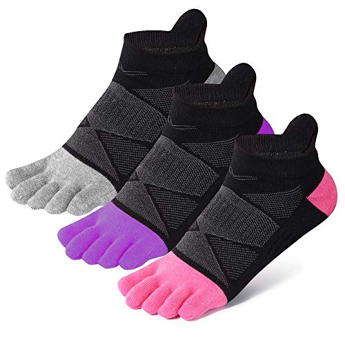 Womens Toe Socks Cotton Five Finger Socks No Show Toe Socks for Running 3 Pack(Black&Purple&Rose)