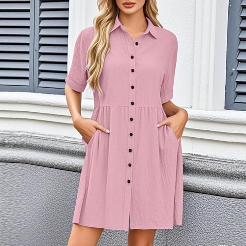 Women's Short Sleeve Casual Dresses with Pockets Lapel Neck Button Down Solid Color Summer Trendy Loose Midi Dress2
