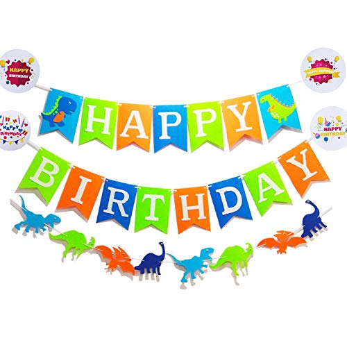 Seasons Stars Dinosaur Happy Birthday Banner( Assembled) with White Letters,Dino Birthday Colorful Felt Banner, Dino Jungle Jurassic Garland photo props For Kids Birthday Dinosaur Party Supplies