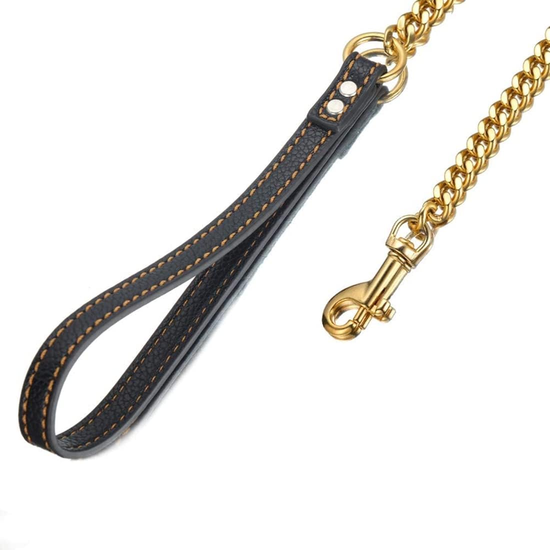 Strong Gold/Silver Dog Chain Leash 3FT 4FT 5FT Stainless Steel 12mm Curb Cuban Link Dog Leash Training Walking with Comfortable Genuine Leather Handle for Large, Medium Small Dogs (Gold, 5FT)