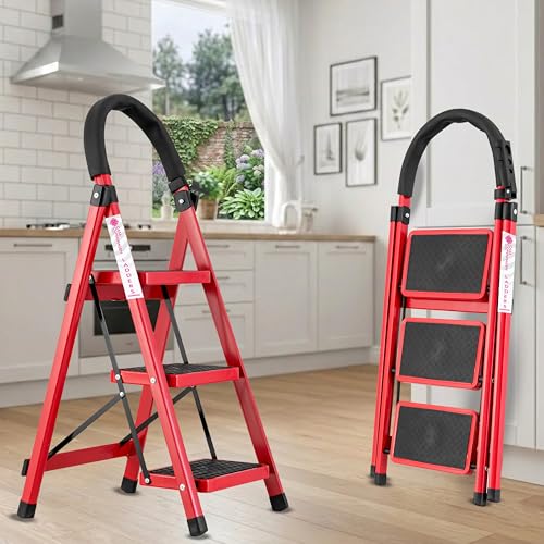 Image of Casa Copenhagen Red 3 Step Ladder for Home Use with Built-in Tool Tray | Heavy Duty D Shape Rods | Ultra Large Platform | Wide Rubber Feet | 150Kg Capacity Foldable Ladder - 7 Years Warranty