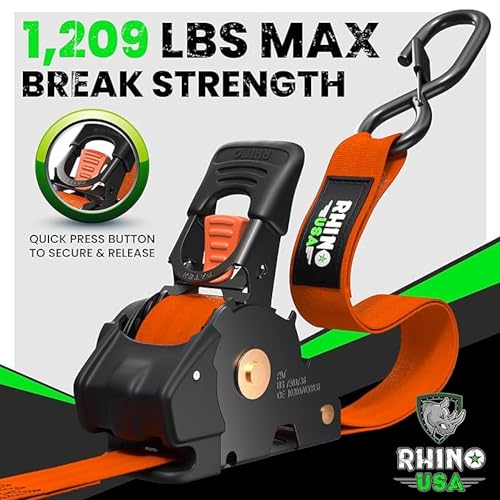 Image of Rhino USA Retractable Ratchet Straps (2-Pack) - 1 Inch x 10 Feet (1,209lb Break Strength) - Auto Self Retracting Tie Down Straps for Truck, Cargo Trailer, Motorcycle, ATV, UTV - Orange