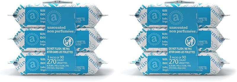 Toallitas para bebé Amazon Elements, sin perfume, hipoalergénicas, sin alcohol, con aloe y vitamina E, 270 unidades, paquetes con tapa abatible (paquete de 2)