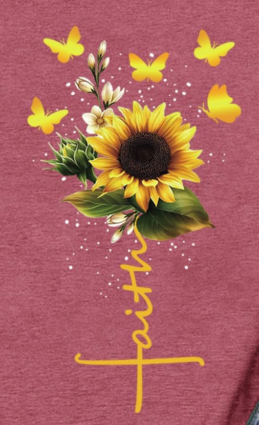 Womens Christian Shirts Faith Cross Sunflower Butterfly T-Shirt Bible Verse Religious Tee Tops - Image 5