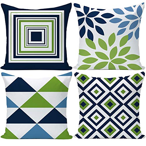 EZVING Navy Pear Green New Living Series Geometric Cotton Linen Indoor Outdoor Pillow Case Cushion Cover for Car Sofa Home Decor 20 x 20 Inch Set of 4