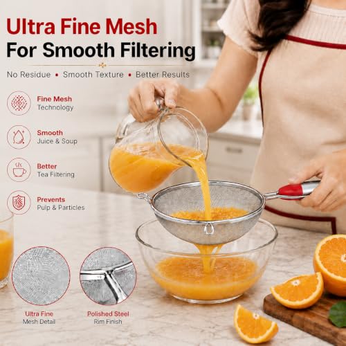 Image of Kanshita's Rasoiware Strainer Combo Set 11cm & 16cm - Stainless Steel Juice & Soup Strainers, Fine Mesh Sieve for Smooth Filtering, Kitchen Strainer Set for Home Use