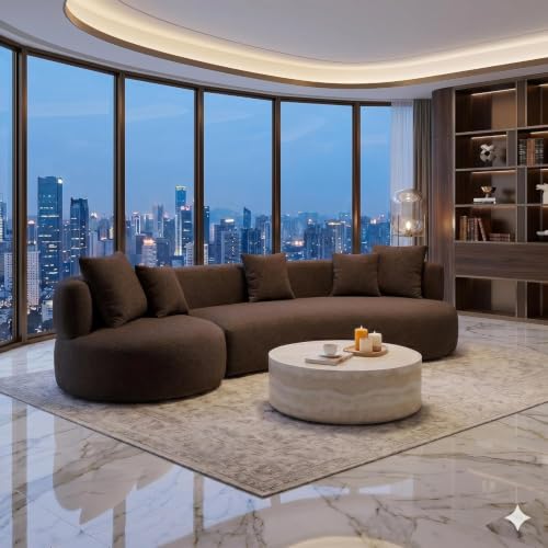 Image of Modern Curved White Sofa Couch with Plush Pillows - 4 Seater Upholstered Living Room Sofa | Contemporary Minimalist Design for Home, Office & Lounge. (Brown L1)