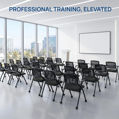 Image of 2 Pack Folding Office Chair on Wheels, Heavy Duty Conference Room Chair | Nesting Rolling Training Chairs, Lumbar Support, Mesh back, Padded Seat, Meeting, Commercial Guest Reception, Classroom