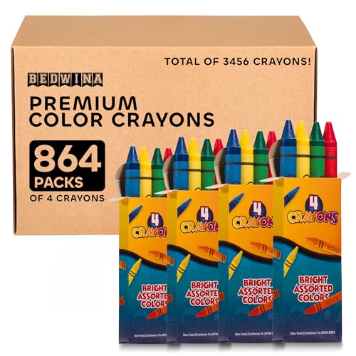 Bedwina Bulk Crayons 3456 PCs, Case of 864 4-Packs, Premium Color Crayons Bulk School Supplies for Kids & Toddler Non-Toxic for Party Favors, Restaurants, Goody Bags Stocking Stuffers