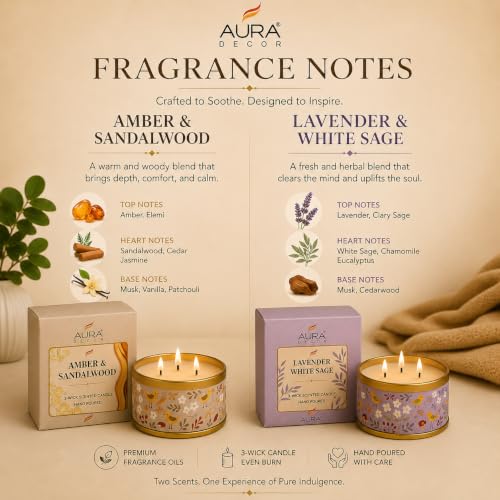 Image of AuraDecor 3-Wick Scented Tin Candle | Premium Gift Set | Hand Poured Soy Blend | Long Lasting | Home Fragrance | Relaxation & Decor (Lavender & Amber)