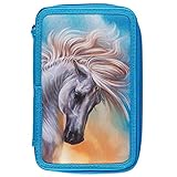Praktische Federmappe mit 43 Teilen befüllt, zur sicheren Aufbewahrung von Schreibutensilien, in blau, verziert mit einem weißen Pferdekopf mit wehender Mähne auf der Vorder- und Rückseite