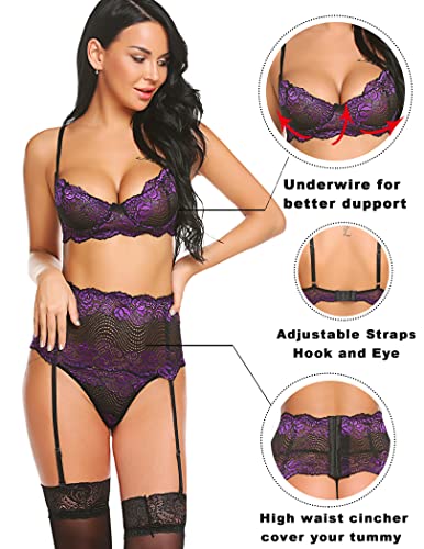Avidlove Women Lingerie Set with Garter Belts Sexy Bra and Panty Underwire Lingerie Sets(Purple,S) - Image 3