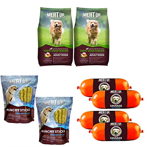Image of Meat Up 100% Veg Adult Dry Dog Food, 3kg (Buy 1 Get 1 Free) & Real Chicken Sausage (Pack of 2), 150gm per Sausage (Buy 1 Get 1 Free) & Munchy Sticks, Chicken Flavour, 700 g (Buy 1 Get 1 Free)