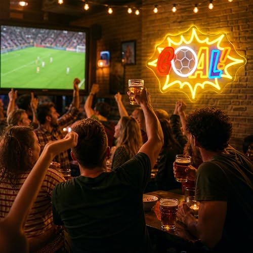 Image of Soccer Neon Sign, JGHTURIE Goal Dimmable Neon Signs for Wall Decor, Football Led Light up Led Sign for Boys, Fans Sports Themed, Game Room, Bar, Party & Man Cave Decor - USB Powered