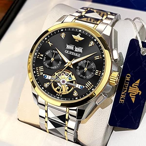 OUPINKE Orologi da uomo automatici meccanici auto-carica scheletro lusso cristallo zaffiro diamante acciaio tungsteno impermeabile business abito orologi regali