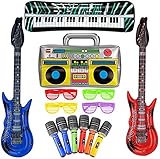 El paquete incluye: recibirás 10 juguetes inflables de estrella de rock, incluidos 2 micrófonos inflables (color aleatorio), 1 radio inflable, 2 guitarras inflables, 1 piano electrónico inflable, 4 gafas.